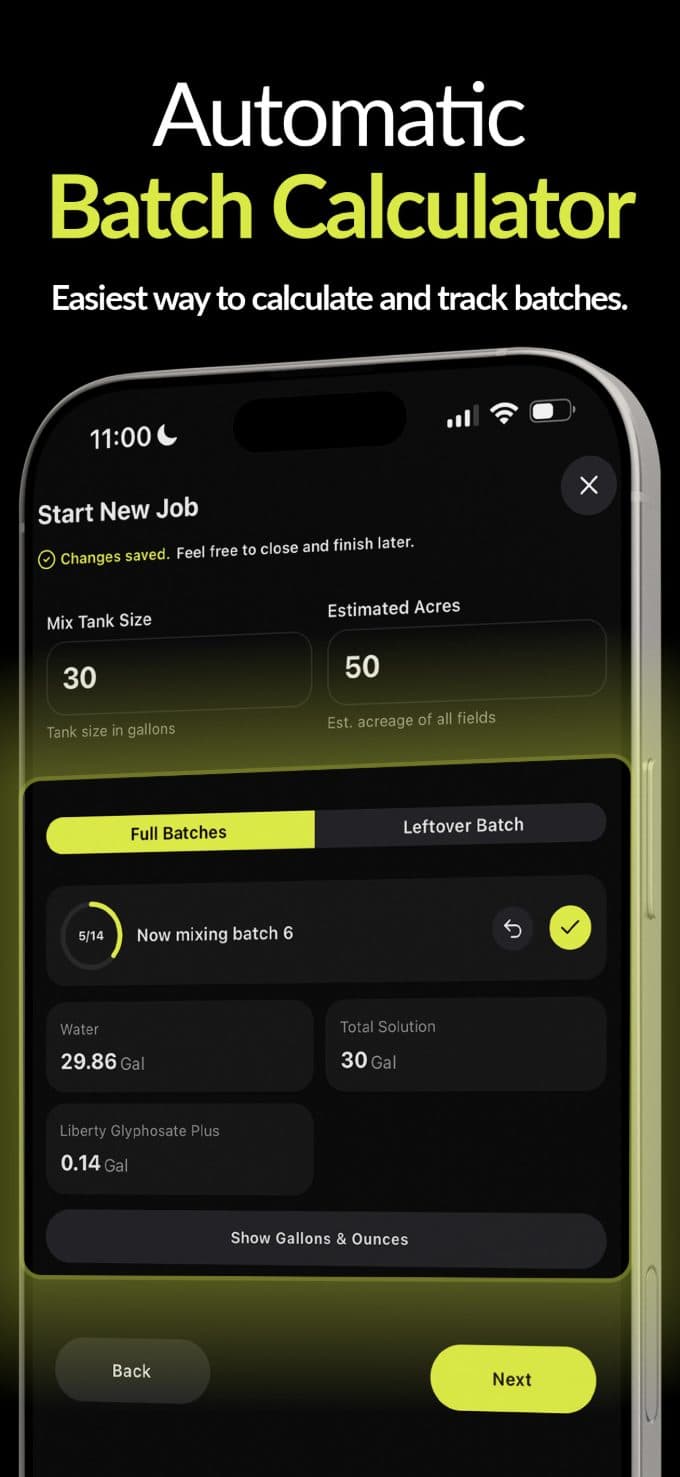 AgTrack Batch Calculator screen — full and leftover spray-tank batches
