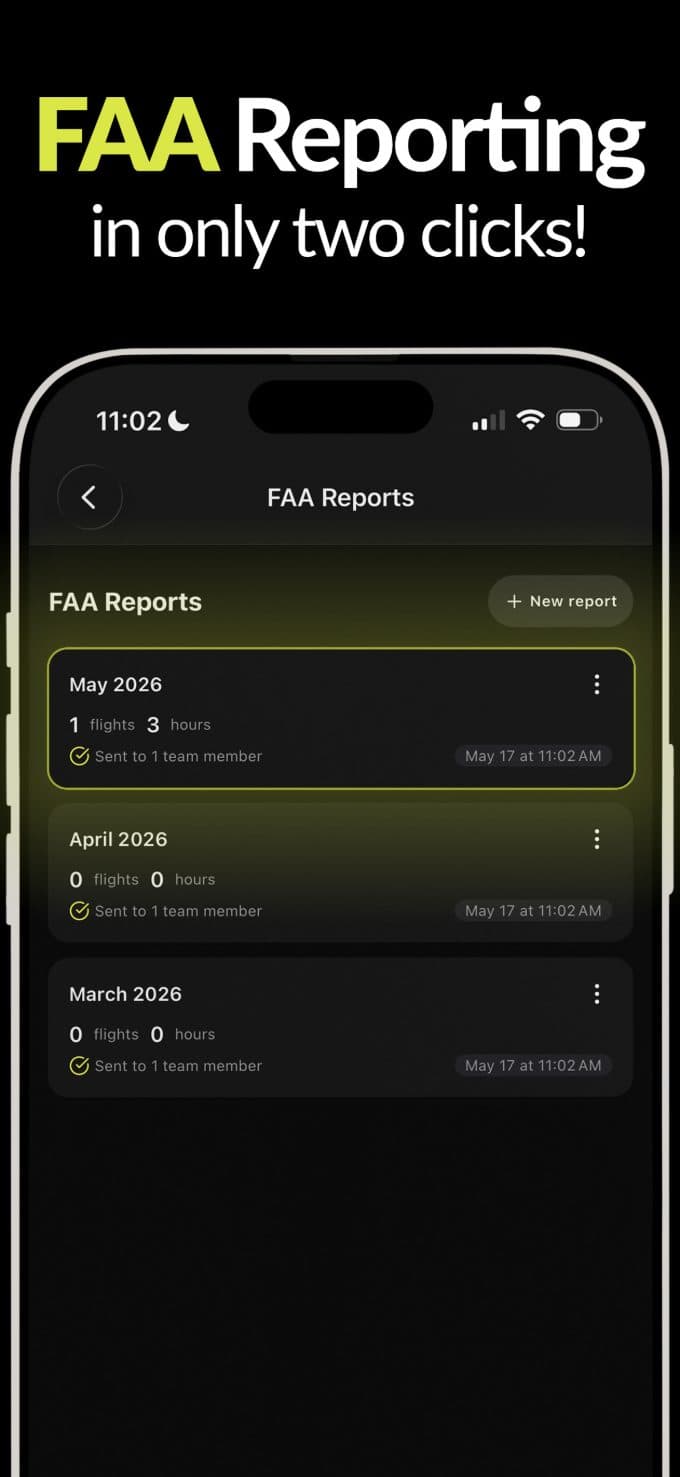 AgTrack FAA Part 137 reporting screen — monthly report ready to send