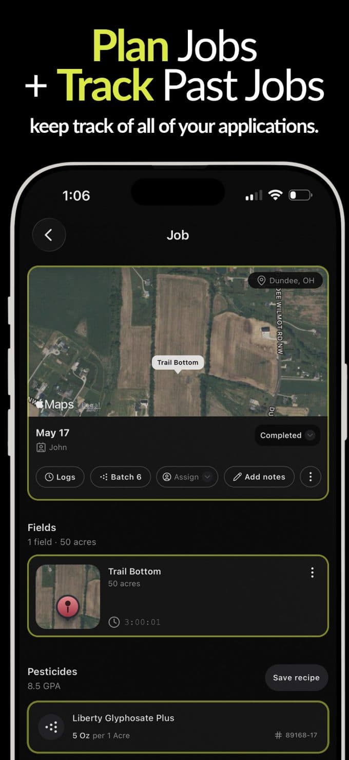 AgTrack Jobs screen — plan and track spray-drone jobs on a satellite field map