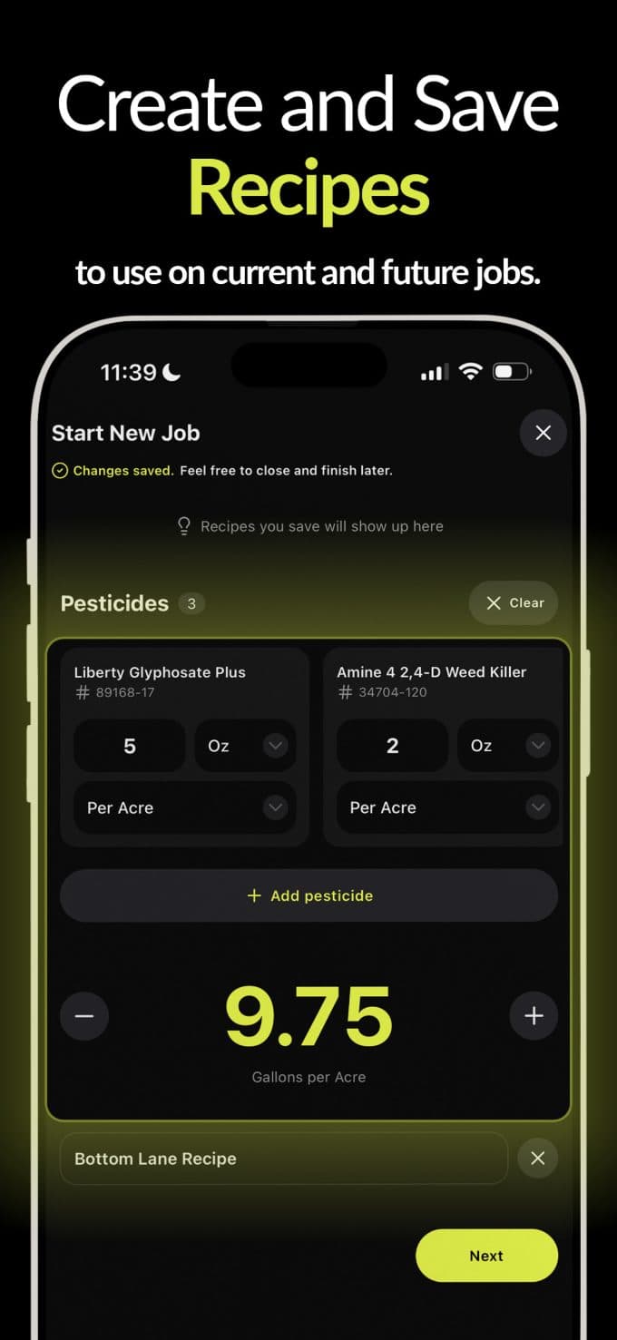 AgTrack Recipes screen — saved spray mix with EPA-registered products and gallons per acre